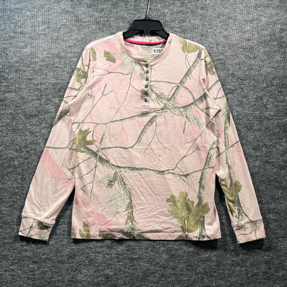 Realtree Pink Camo Henley Shirt Womens XL Long Sleeve Hunting Camouflage Top